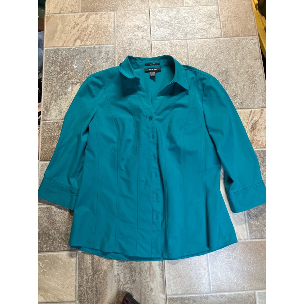 Style & Co Teal Stretch Button Front‎ Collared Shirt Women's Size Medium 3/4